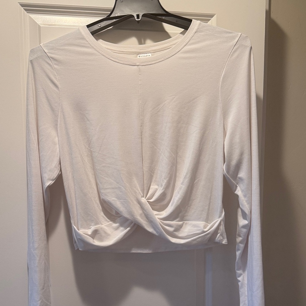 Athleta White Long-Sleeve Twist Front Crop Tee